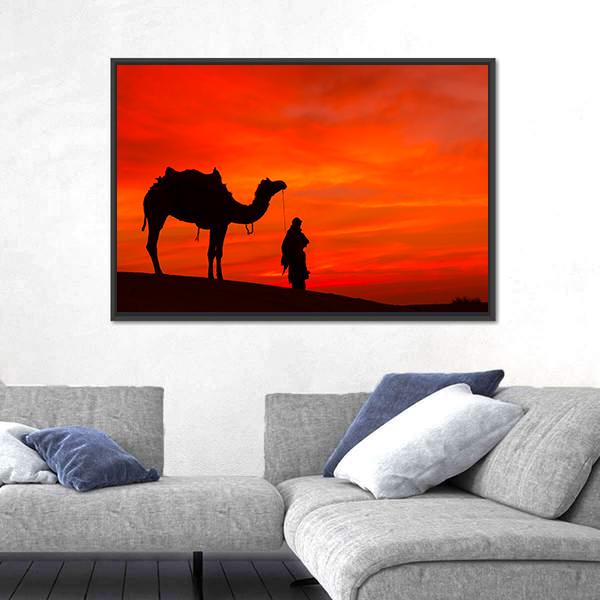 Rajasthan Desert With Camel And Man Canvas Wall Art-5 Horizontal-Gallery Wrap-22" x 12"-Tiaracle