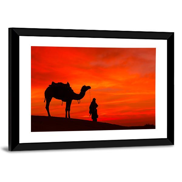 Rajasthan Desert With Camel And Man Canvas Wall Art-5 Horizontal-Gallery Wrap-22" x 12"-Tiaracle