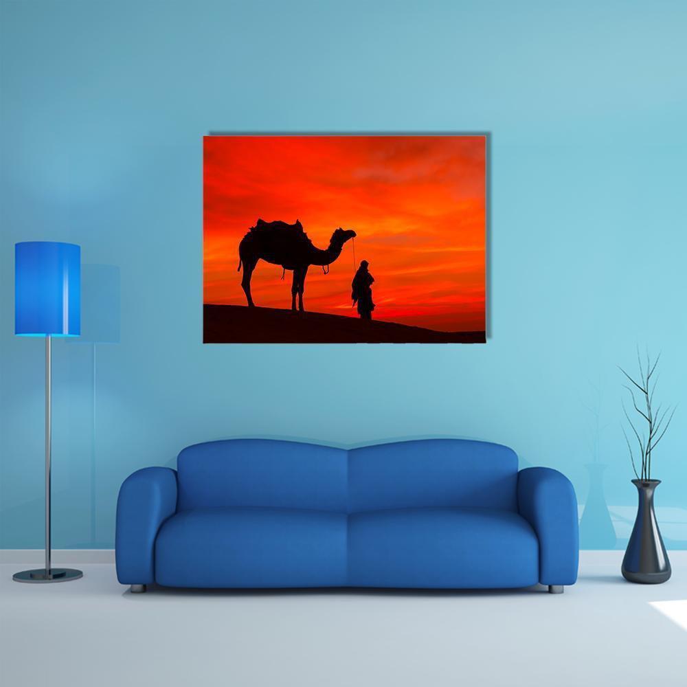 Rajasthan Sunset Camel Silhouette Canvas Wall Art in black, red and orange, single panel hung on a wall