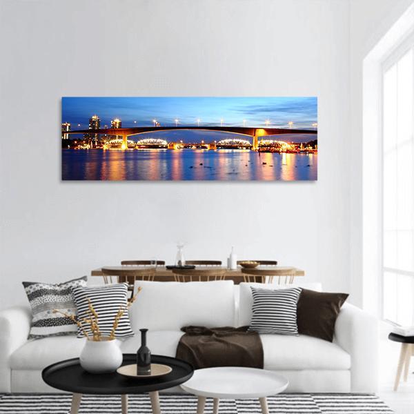 Rama 9 Bridge In Bangkok Panoramic Canvas Wall Art-3 Piece-25" x 08"-Tiaracle