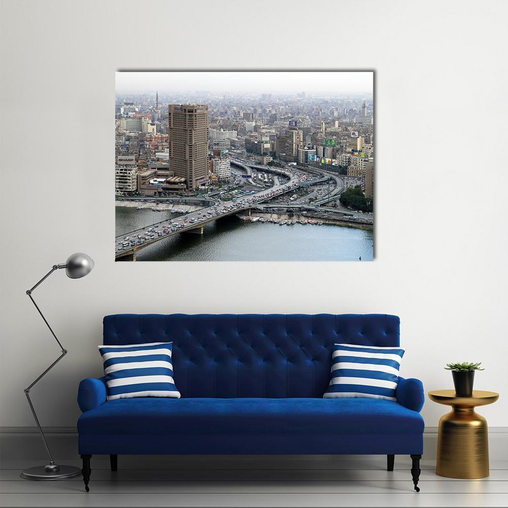 Ramses Hilton on the Nile, Cairo Canvas Wall Art in gray, beige and blue, single panel hung on a wall