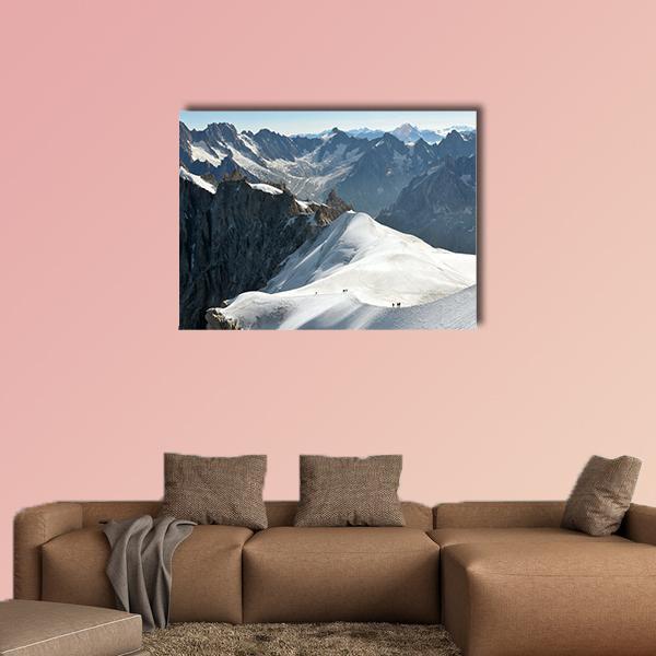 High Alps and Mountaineers Canvas Wall Art in white, gray and blue, single panel hung on a wall