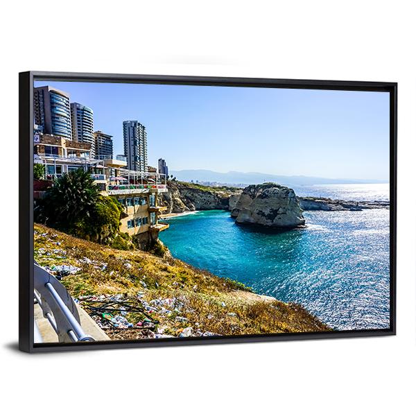 Raouche Rocks &amp; Sea Canvas Wall Art-3 Horizontal-Gallery Wrap-25" x 16"-Tiaracle