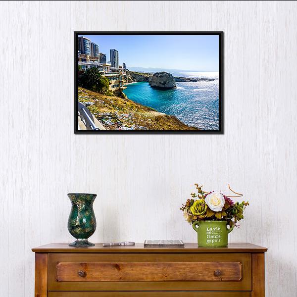 Raouche Rocks &amp; Sea Canvas Wall Art-3 Horizontal-Gallery Wrap-25" x 16"-Tiaracle