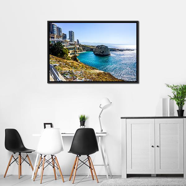 Raouche Rocks &amp; Sea Canvas Wall Art-3 Horizontal-Gallery Wrap-25" x 16"-Tiaracle