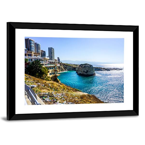 Raouche Rocks &amp; Sea Canvas Wall Art-3 Horizontal-Gallery Wrap-25" x 16"-Tiaracle