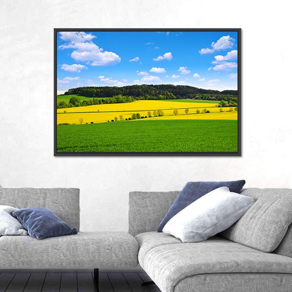Rapeseed And Green Wheat Field Canvas Wall Art-3 Horizontal-Gallery Wrap-25" x 16"-Tiaracle