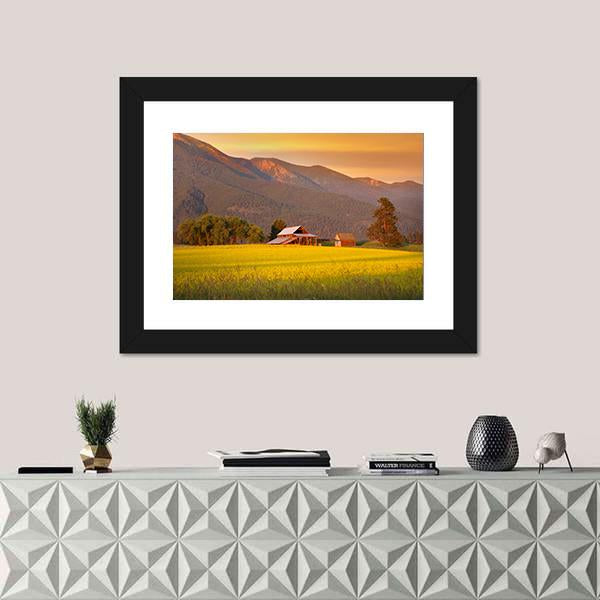 Rapeseed Farm And Barn In Evening Sun Light Canvas Wall Art-1 Piece-Framed Print-20" x 16"-Tiaracle
