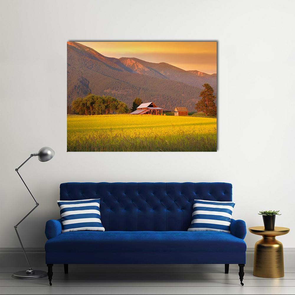 Rapeseed Farm And Barn In Evening Sun Light Canvas Wall Art-5 Star-Gallery Wrap-62" x 32"-Tiaracle