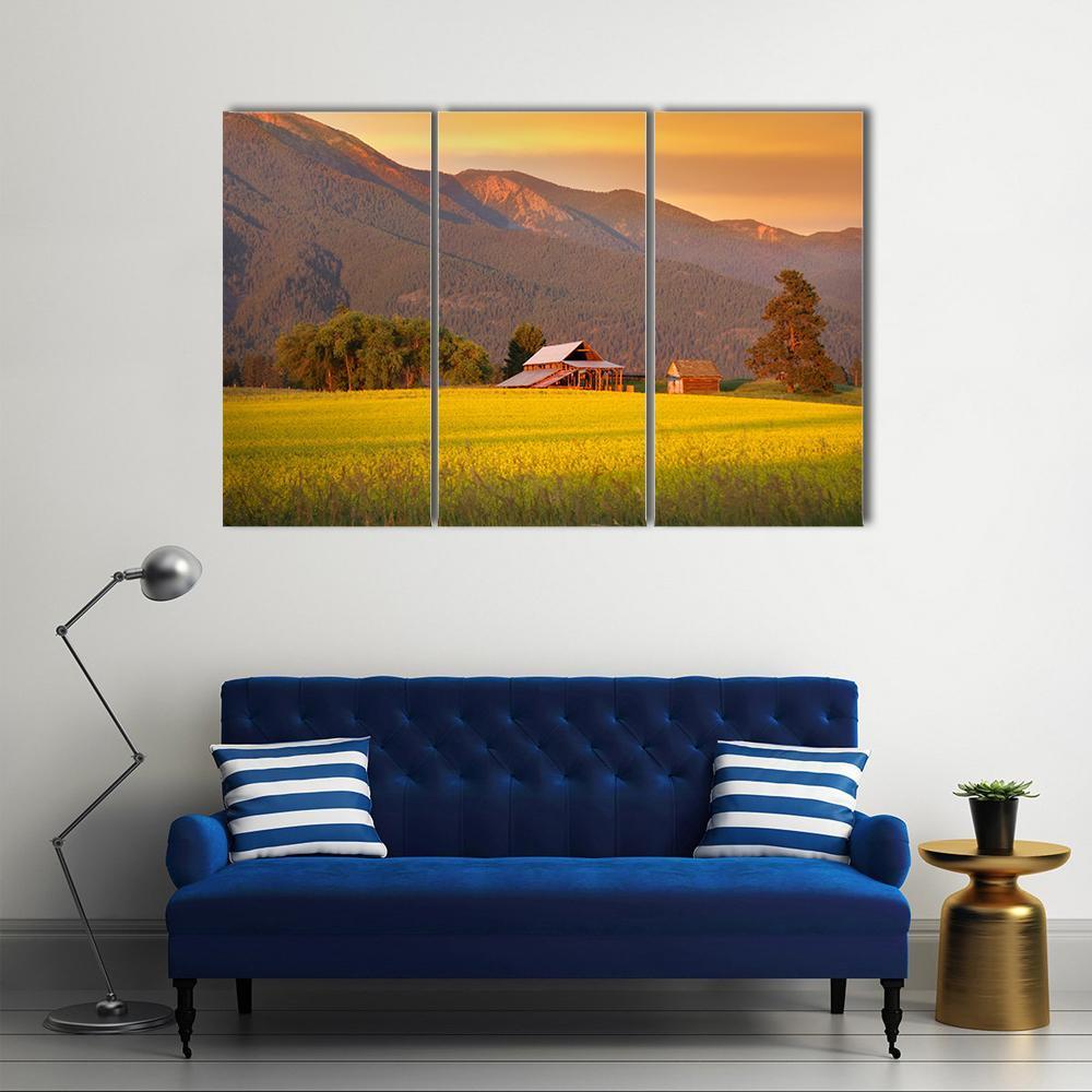 Rapeseed Farm And Barn In Evening Sun Light Canvas Wall Art-3 Horizontal-Gallery Wrap-37" x 24"-Tiaracle