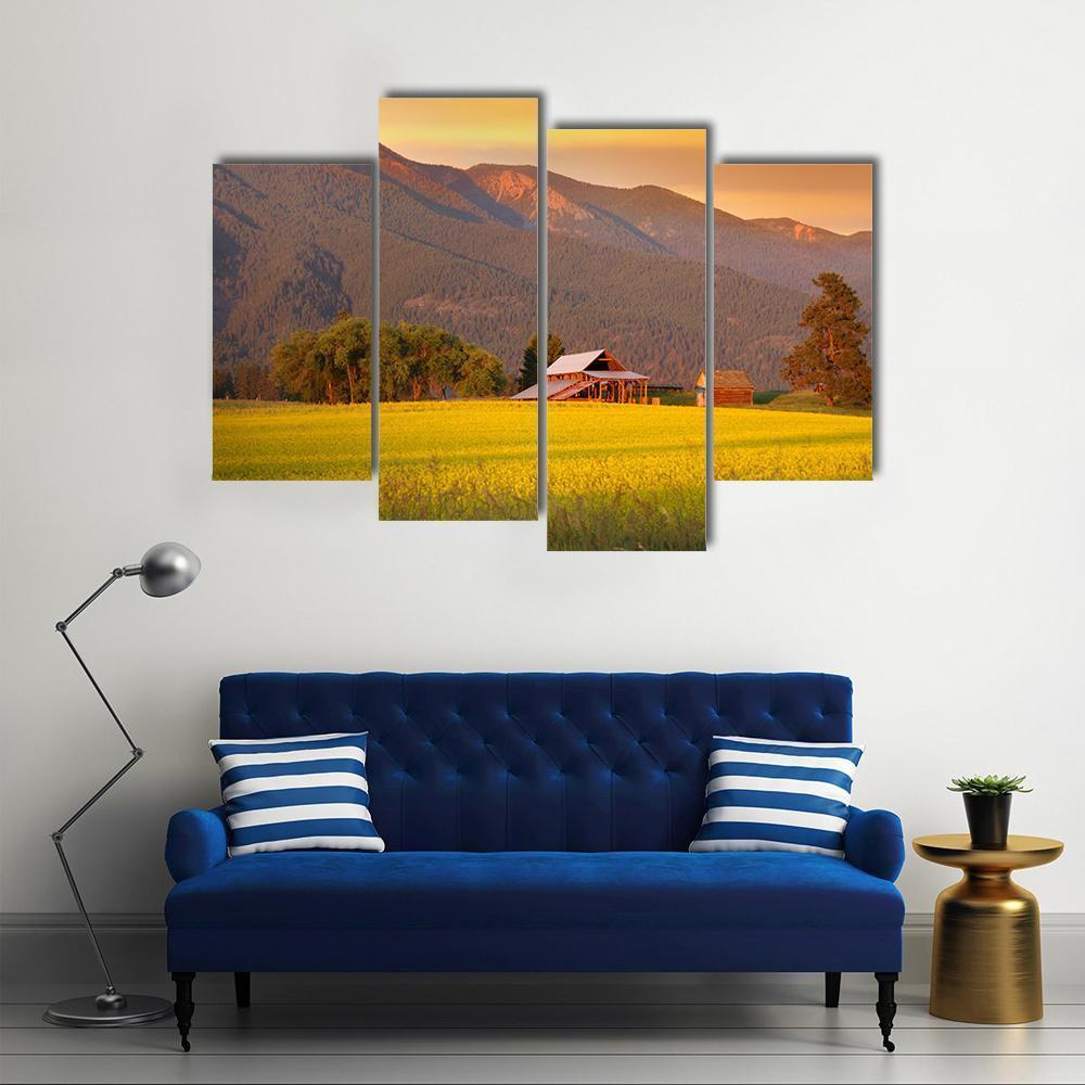 Rapeseed Farm And Barn In Evening Sun Light Canvas Wall Art-4 Pop-Gallery Wrap-50" x 32"-Tiaracle