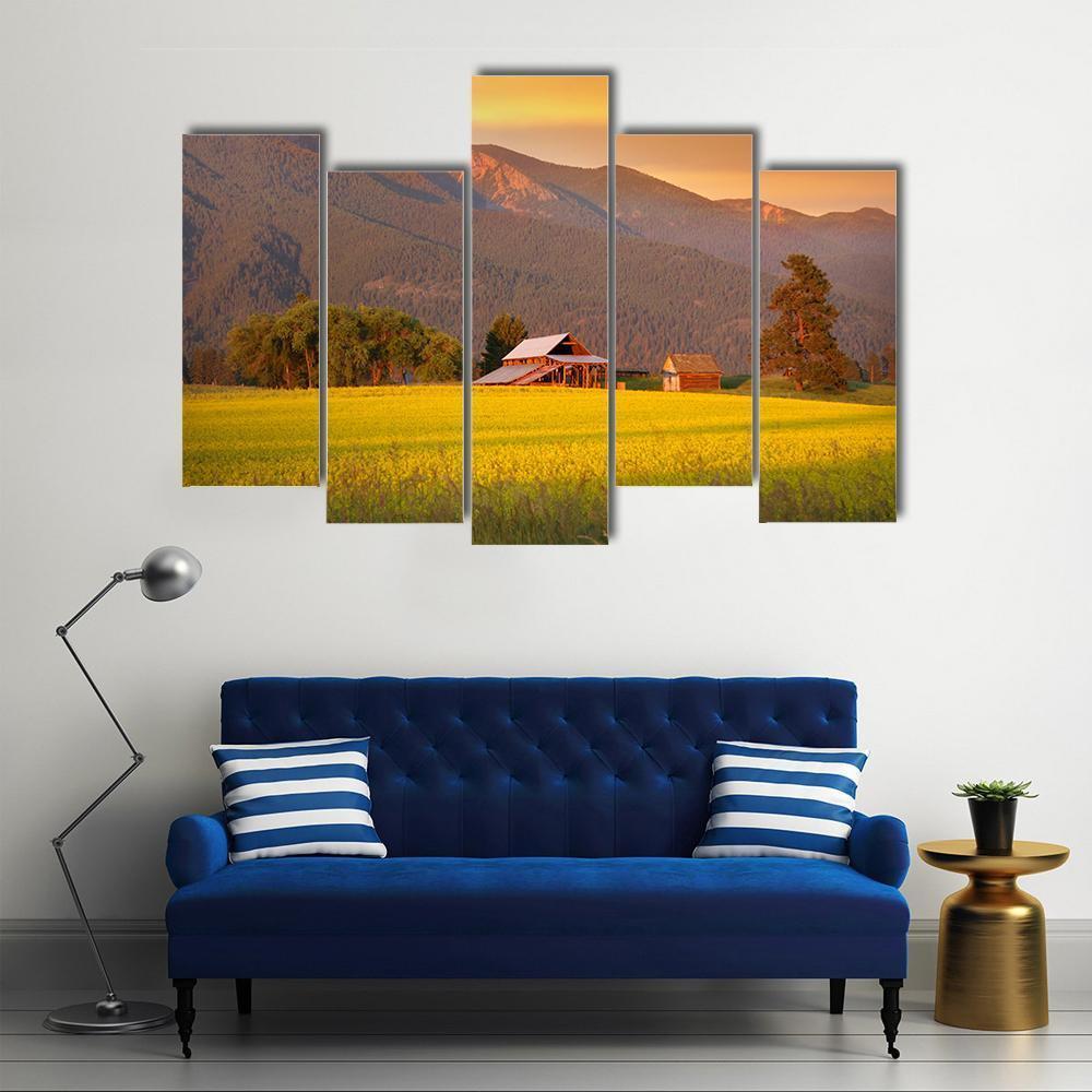 Rapeseed Farm And Barn In Evening Sun Light Canvas Wall Art-5 Pop-Gallery Wrap-47" x 32"-Tiaracle