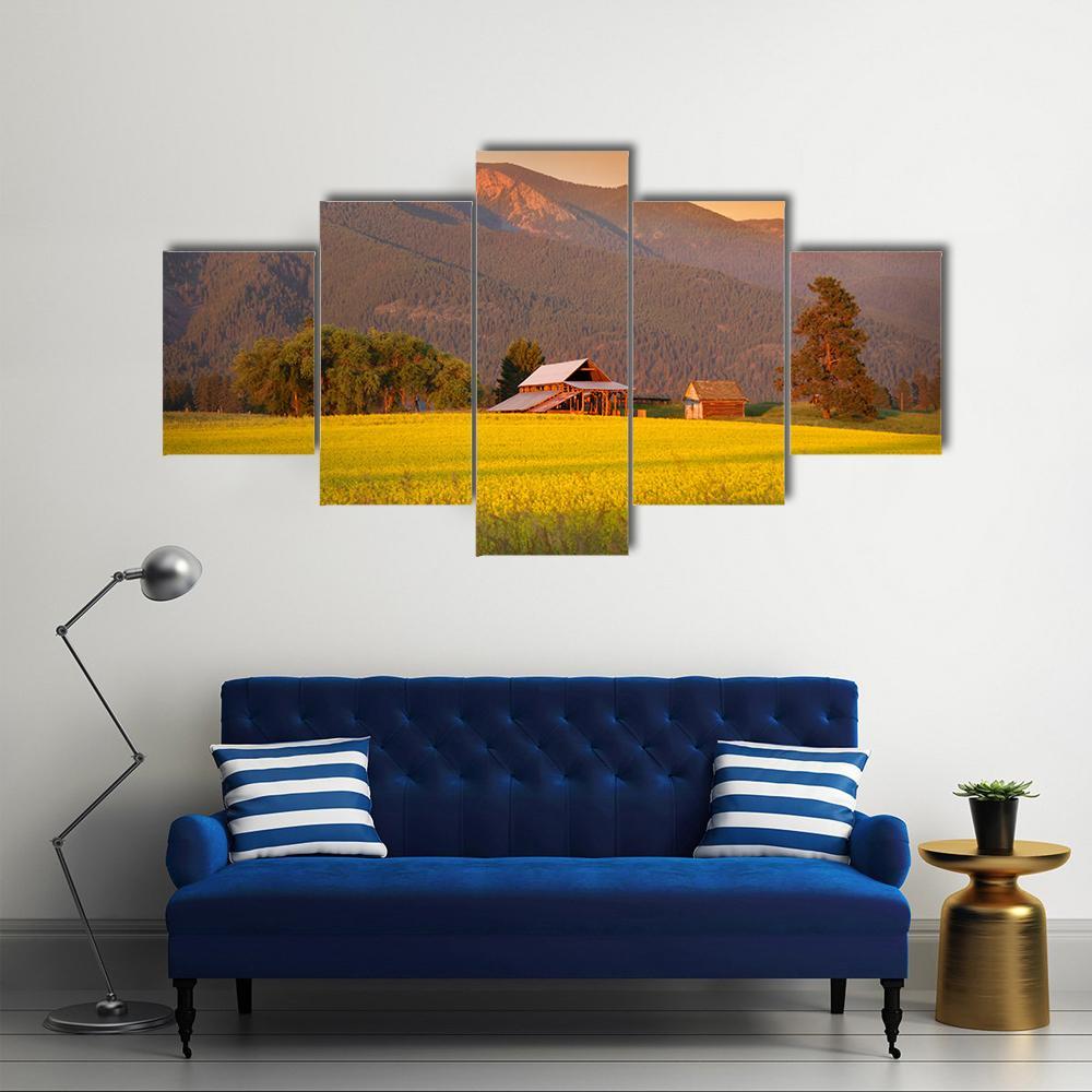 Rapeseed Farm And Barn In Evening Sun Light Canvas Wall Art-5 Star-Gallery Wrap-62" x 32"-Tiaracle