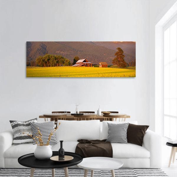 Rapeseed Farm In Evening Sunlight Panoramic Canvas Wall Art-3 Piece-25" x 08"-Tiaracle