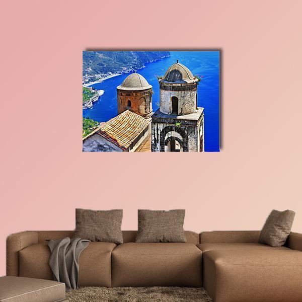 Ravello Village on Amalfi Coast Canvas Wall Art in beige, brown and blue, single panel hung on a wall