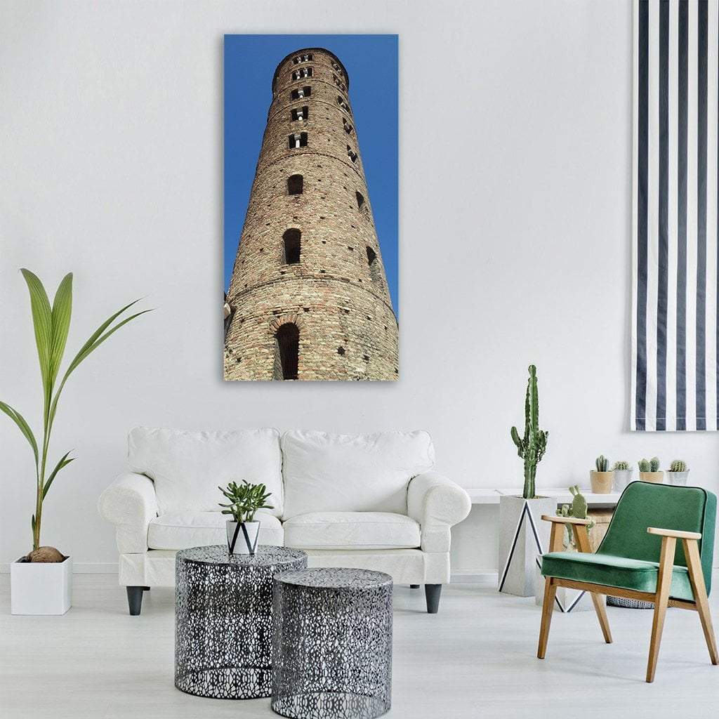 Ravenna Church Tower Vertical Canvas Wall Art in beige, brown and blue, single vertical panel hung on a wall