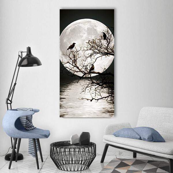 Ravens On Tree With Full Moon Vertical Canvas Wall Art-3 Vertical-Gallery Wrap-12" x 25"-Tiaracle