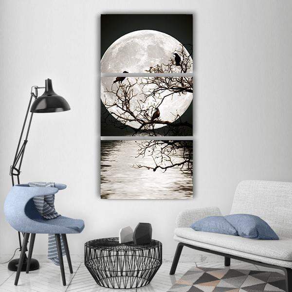 Ravens On Tree With Full Moon Vertical Canvas Wall Art-3 Vertical-Gallery Wrap-12" x 25"-Tiaracle