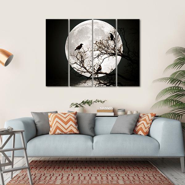 Ravens sitting On A Tree Shined With The Full Moon Canvas Wall Art-4 Horizontal-Gallery Wrap-34" x 24"-Tiaracle