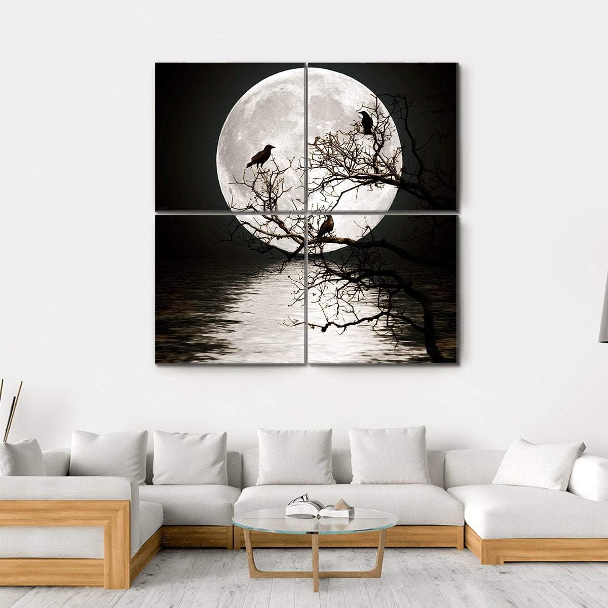 Ravens sitting On A Tree Shined With The Full Moon Canvas Wall Art-4 Square-Gallery Wrap-17" x 17"-Tiaracle