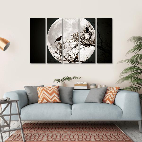 Ravens sitting On A Tree Shined With The Full Moon Canvas Wall Art-5 Horizontal-Gallery Wrap-22" x 12"-Tiaracle