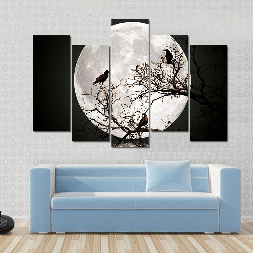 Ravens sitting On A Tree Shined With The Full Moon Canvas Wall Art-5 Pop-Gallery Wrap-47" x 32"-Tiaracle
