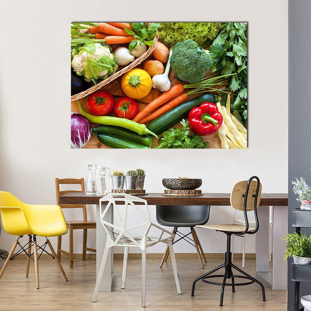 Raw Vegetables Canvas Wall Art in red, orange and green, single panel hung on a wall