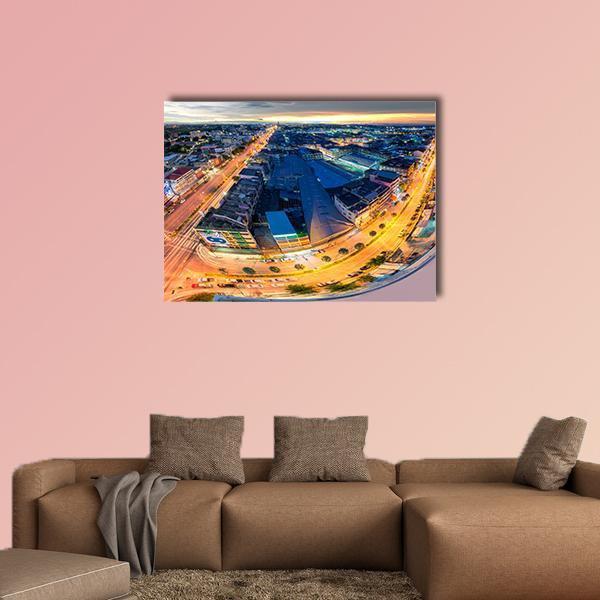 Night Aerial View of Rayong City Canvas Wall Art in orange, yellow and blue, single panel hung on a wall