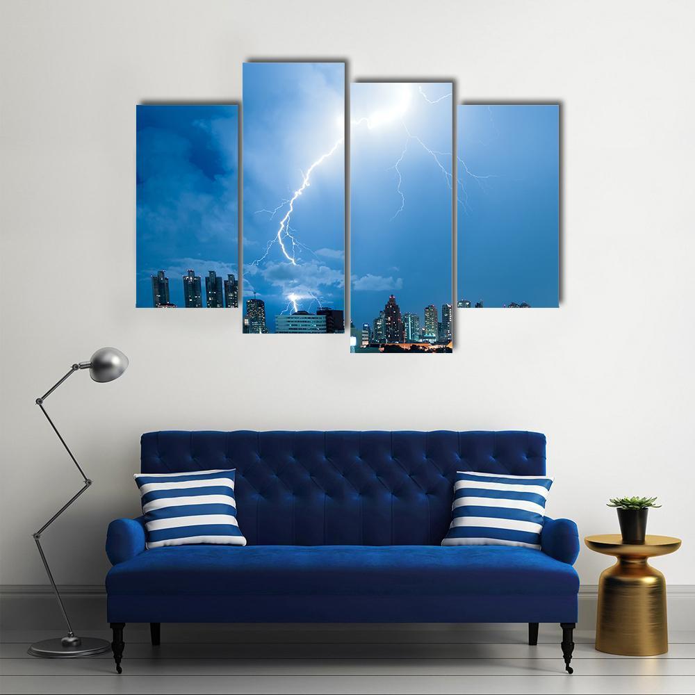 Real Lightning Bolt Strike In A City Canvas Wall Art-4 Pop-Gallery Wrap-50" x 32"-Tiaracle