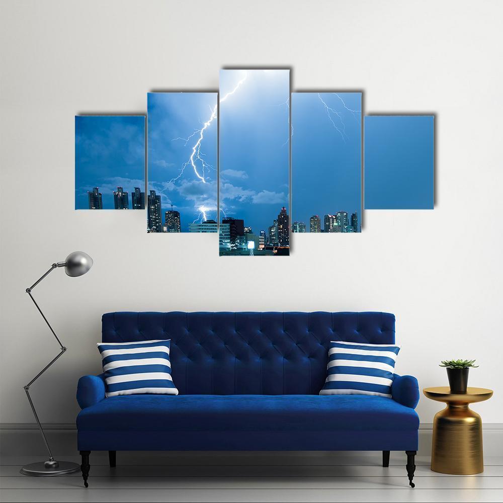 Real Lightning Bolt Strike In A City Canvas Wall Art-4 Pop-Gallery Wrap-50" x 32"-Tiaracle