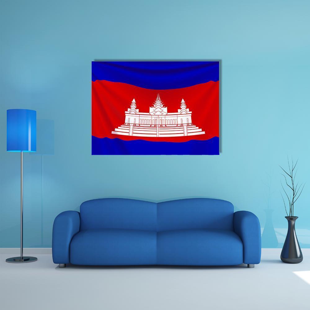 Realistic Cambodia Flag Featuring Angkor Wat Canvas Wall Art in white, red and blue, single panel hung on a wall
