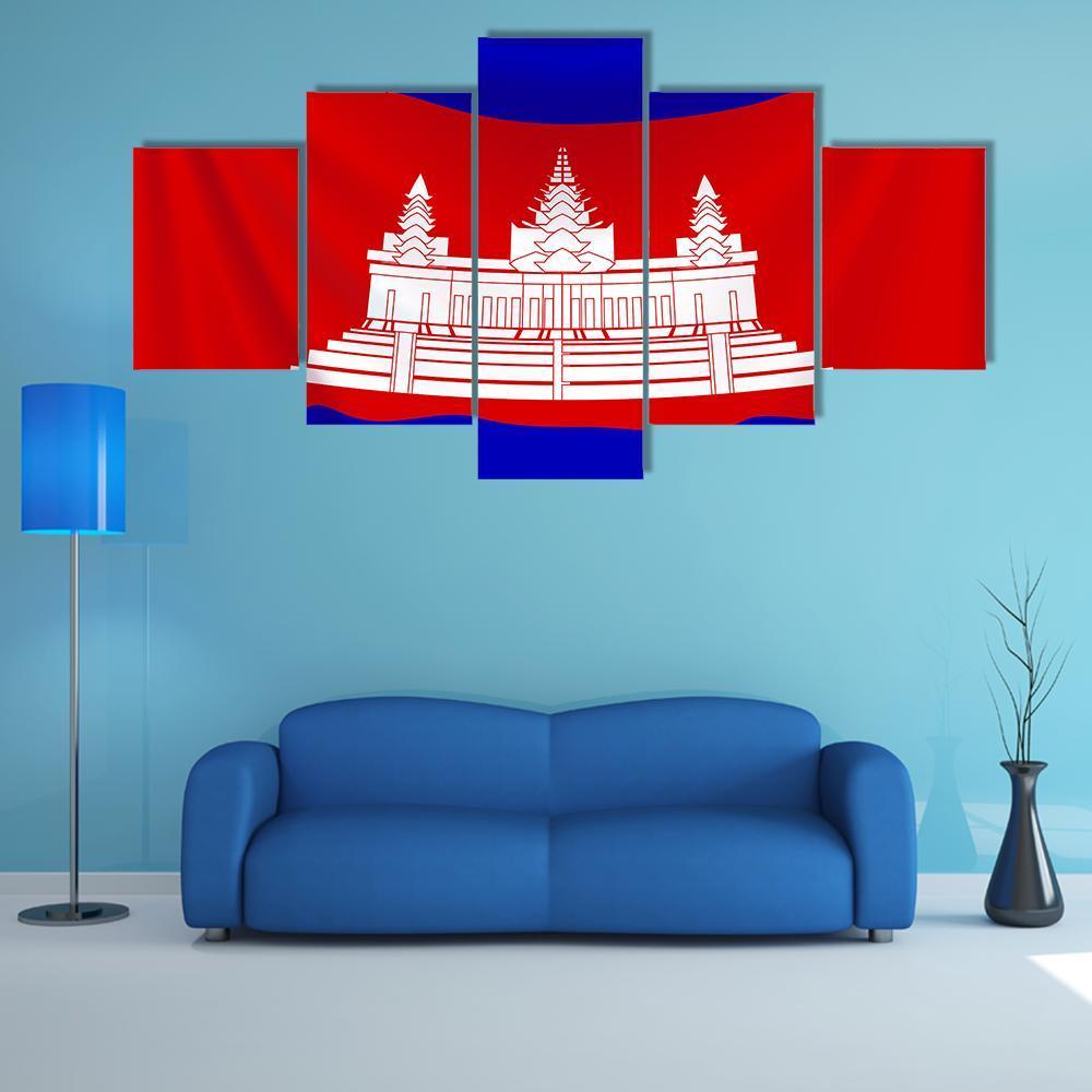 Realistic Flag Of Cambodia Canvas Wall Art-3 Horizontal-Gallery Wrap-37" x 24"-Tiaracle