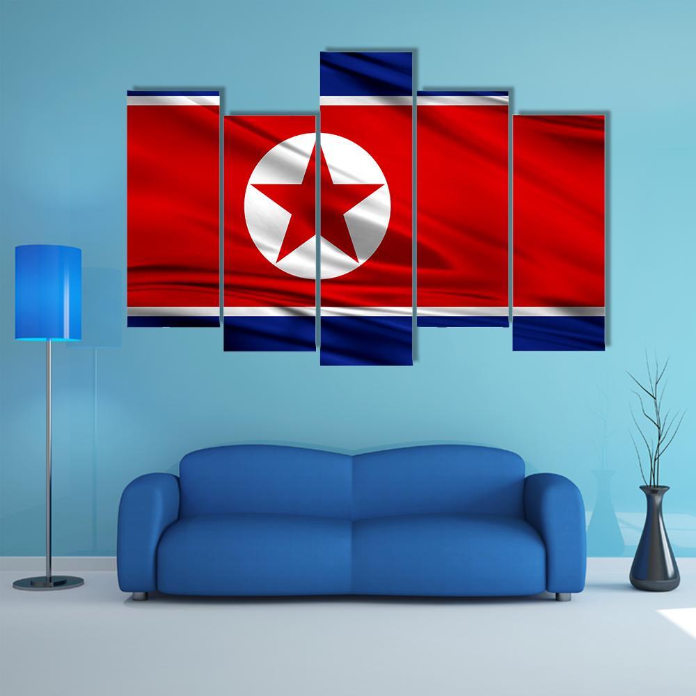 Realistic Flag Of North Korea Canvas Wall Art-5 Pop-Gallery Wrap-47" x 32"-Tiaracle