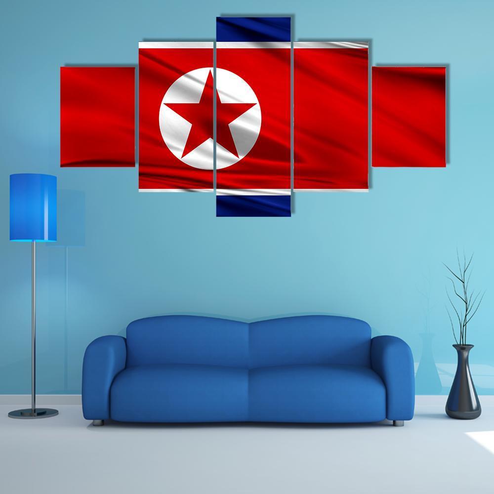 Realistic Flag Of North Korea Canvas Wall Art-5 Star-Gallery Wrap-62" x 32"-Tiaracle