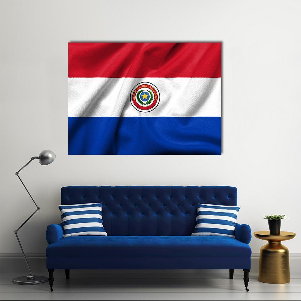 Flag of Paraguay Canvas Wall Art in white, red and blue, single panel hung on a wall