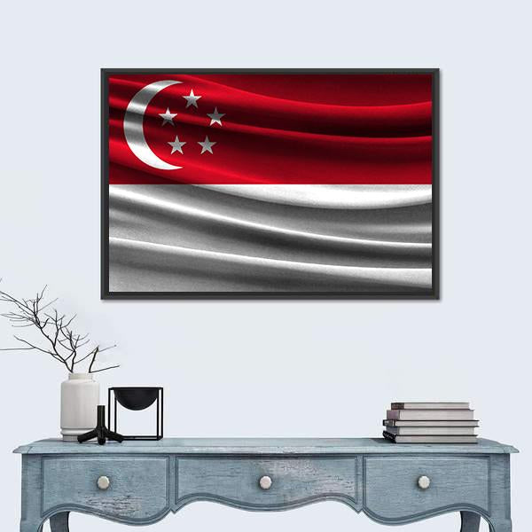Singapore Flag with Crescent and Stars Canvas Wall Art in white and red, framed canvas, product view on a white background