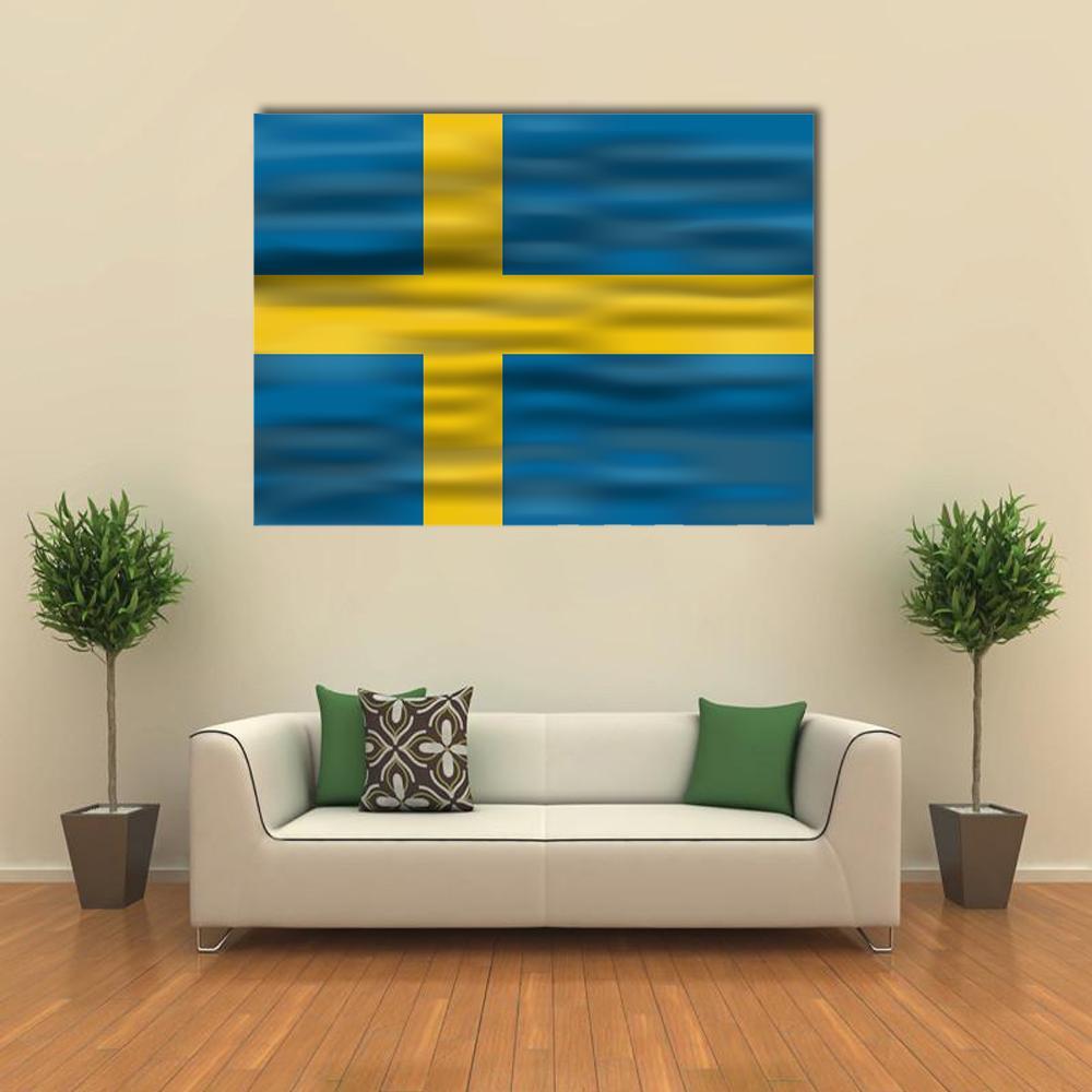 Swedish Flag with Rippling Fabric Canvas Wall Art in yellow and blue, single panel hung on a wall