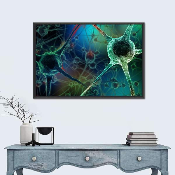 Realistic Neuron Rendering Canvas Wall Art in black, green and blue, framed canvas, product view on a white background