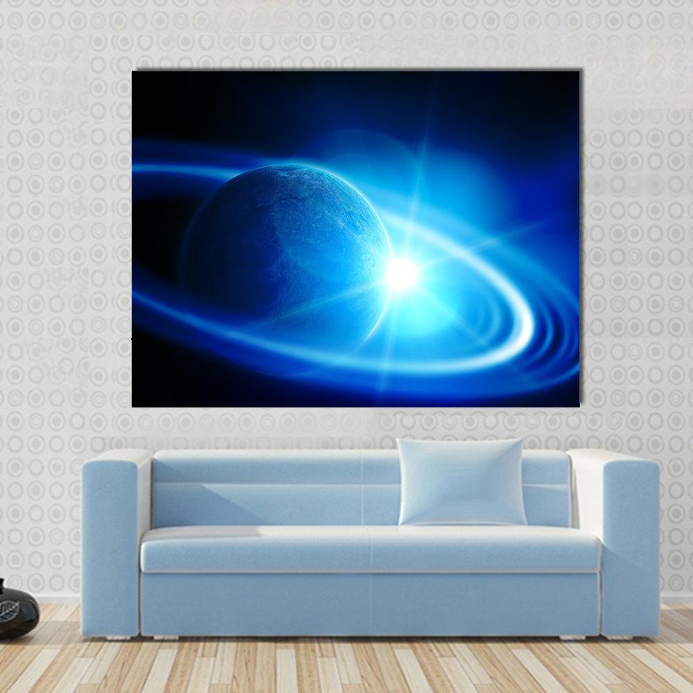 Realistic Saturn in Open Space Canvas Wall Art in black and blue, single panel hung on a wall