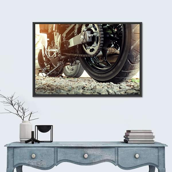 Rear chain And Sprocket Of Motorcycle Wheel Canvas Wall Art-1 Piece-Floating Frame-24" x 16"-Tiaracle