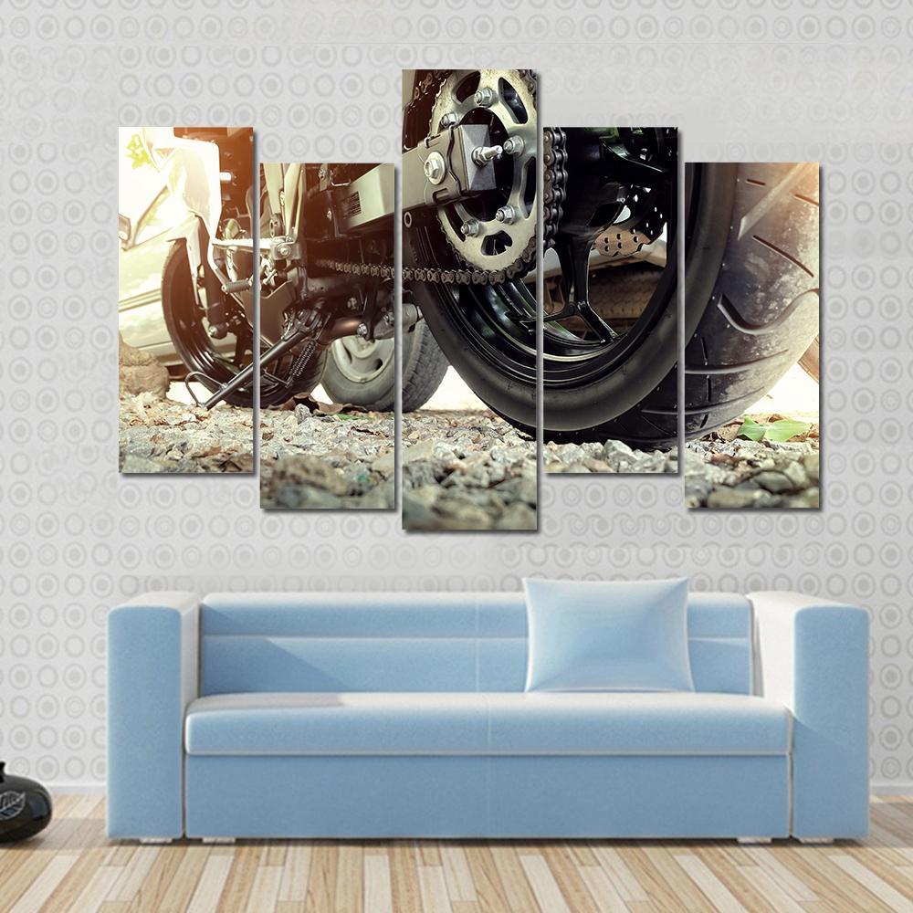 Rear chain And Sprocket Of Motorcycle Wheel Canvas Wall Art-5 Pop-Gallery Wrap-47" x 32"-Tiaracle