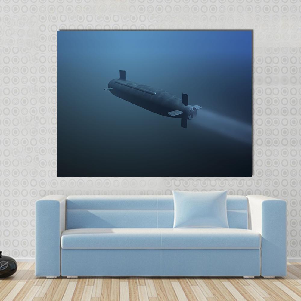Submarine Underwater View Canvas Wall Art in black and blue, single panel hung on a wall