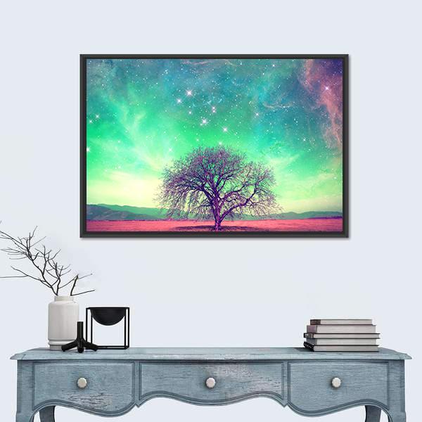 Red Alien Landscape with Lone Tree Canvas Wall Art in red, green and purple, framed canvas, product view on a white background