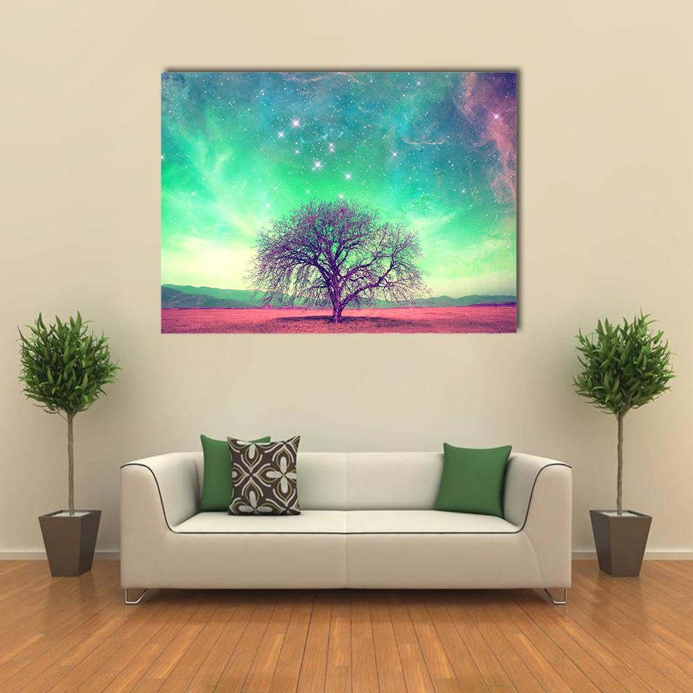 Red Alien Landscape with Solitary Tree Canvas Wall Art in red, green and blue, single panel hung on a wall