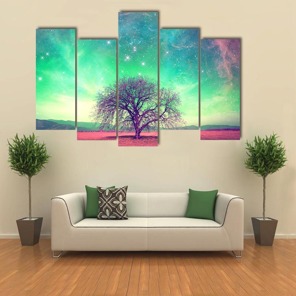 Red Alien Landscape With A Tree Canvas Wall Art-5 Pop-Gallery Wrap-47" x 32"-Tiaracle