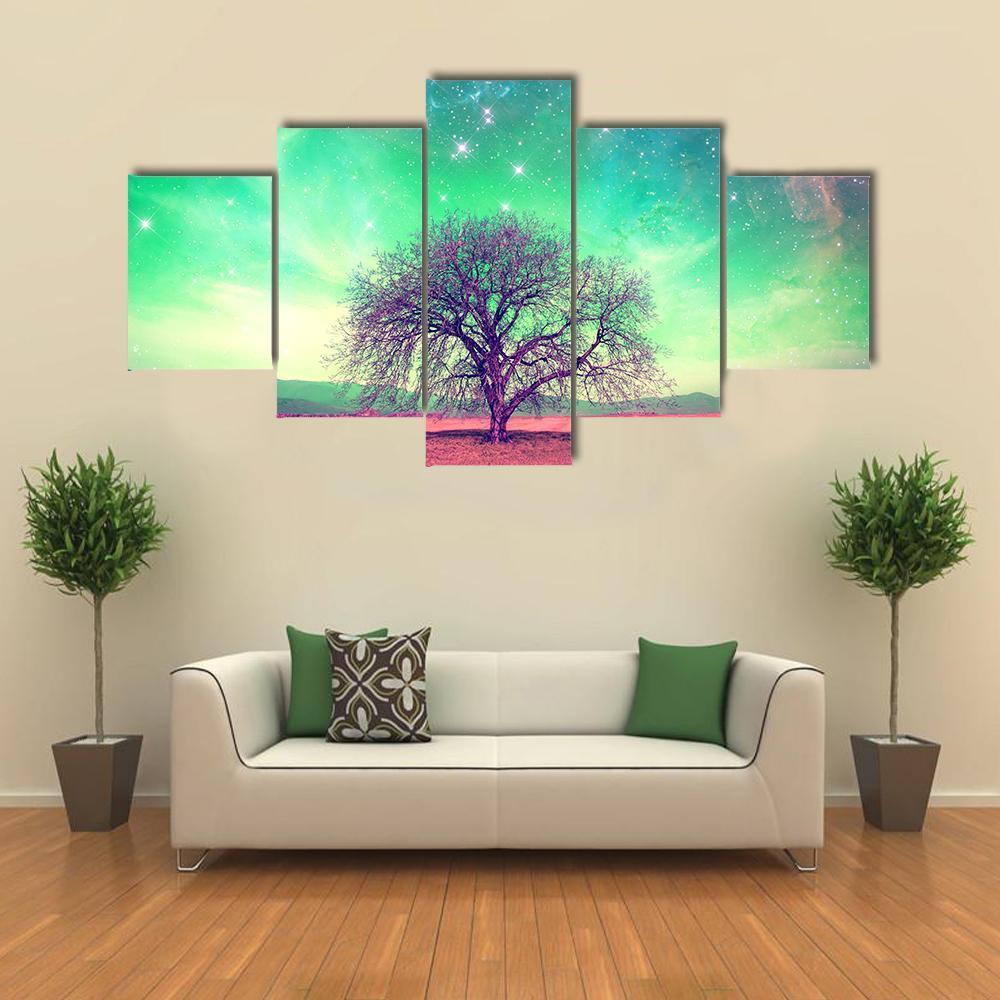 Red Alien Landscape With A Tree Canvas Wall Art-5 Star-Gallery Wrap-62" x 32"-Tiaracle