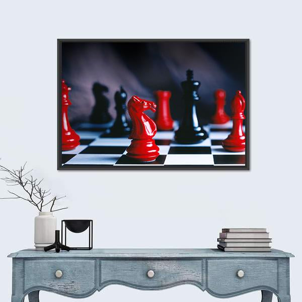 Red and Black Chess Pieces and Board Canvas Wall Art in black, white and red, framed canvas, product view on a white background