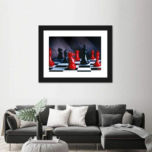 Red And Black Chess Pieces And Board Canvas Wall Art-3 Horizontal-Gallery Wrap-25&quot; x 16&quot;-Tiaracle