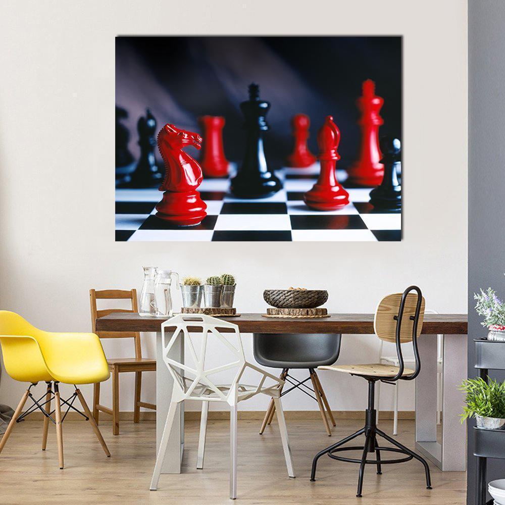Red And Black Chess Pieces And Board Canvas Wall Art-4 Horizontal-Gallery Wrap-34" x 24"-Tiaracle