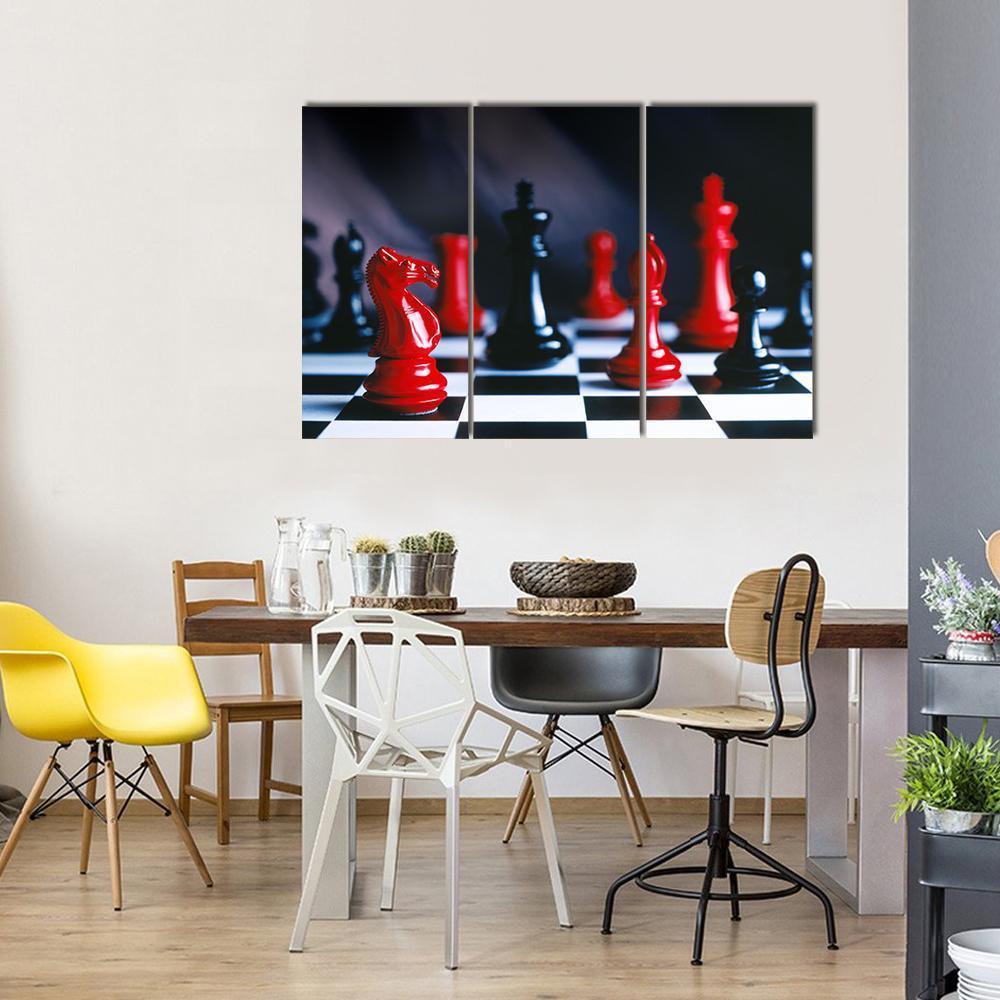 Red And Black Chess Pieces And Board Canvas Wall Art-3 Horizontal-Gallery Wrap-37&quot; x 24&quot;-Tiaracle